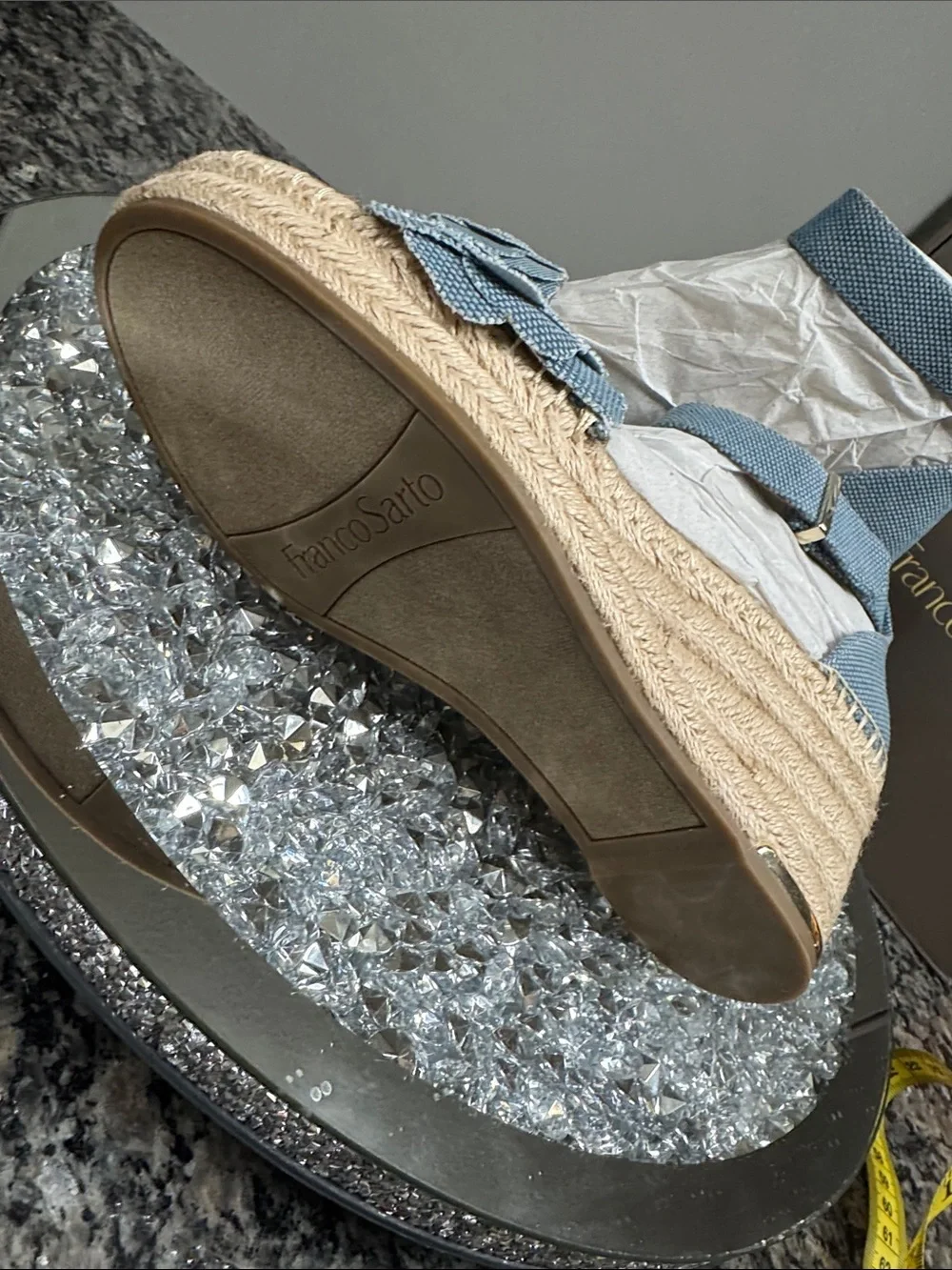 Franco Sarto clemens denim Blue Espadrille Wedge Sandals with Floral Toe NEW 9